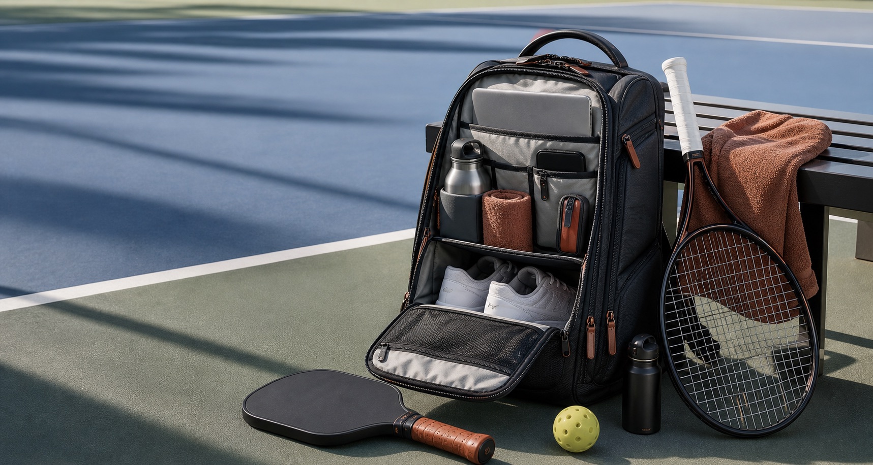 Organized court backpack with tennis and pickleball gear beside a court bench