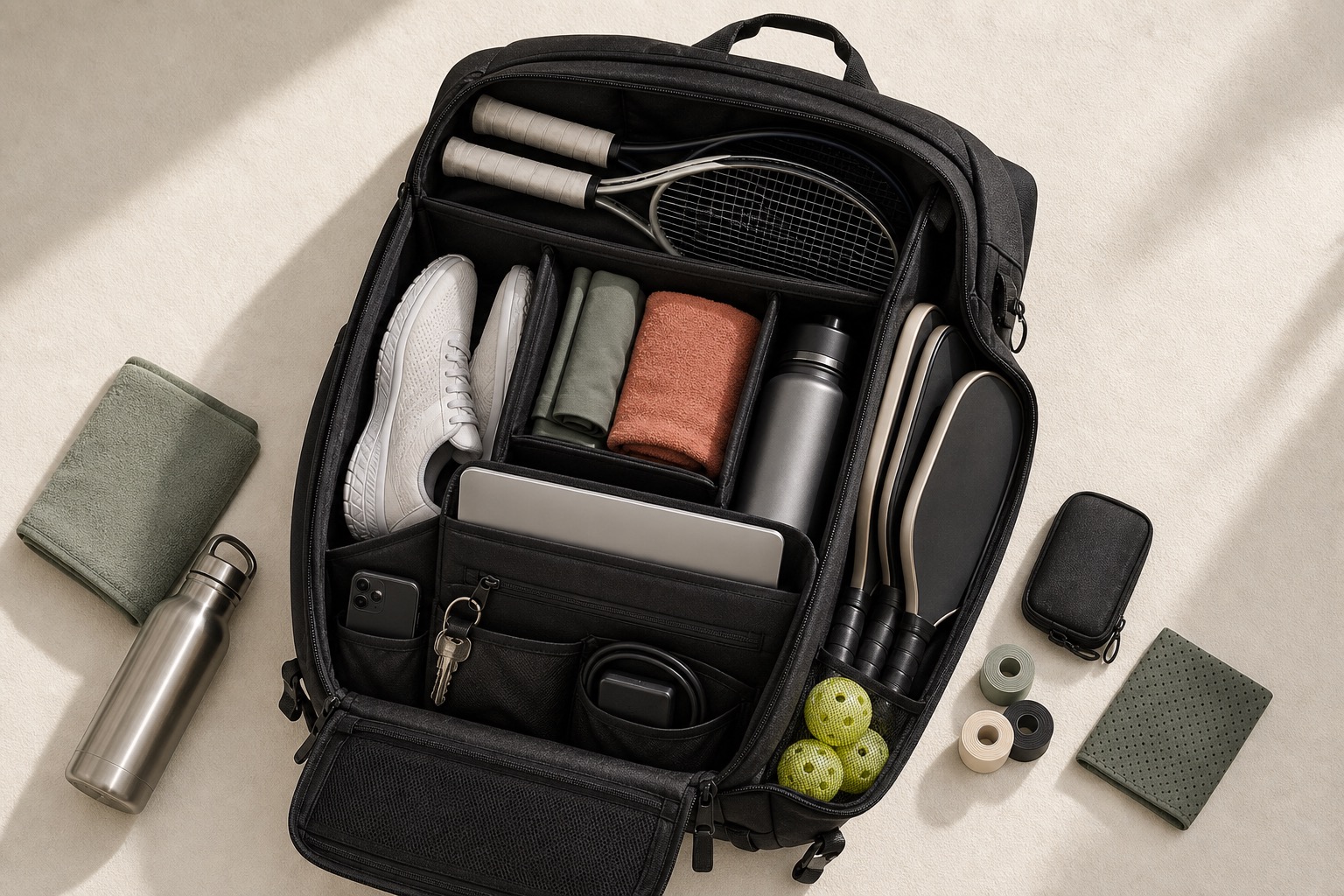 Open court backpack showing racquets, paddles, shoes, laptop, bottle, towel, keys, and grip rolls