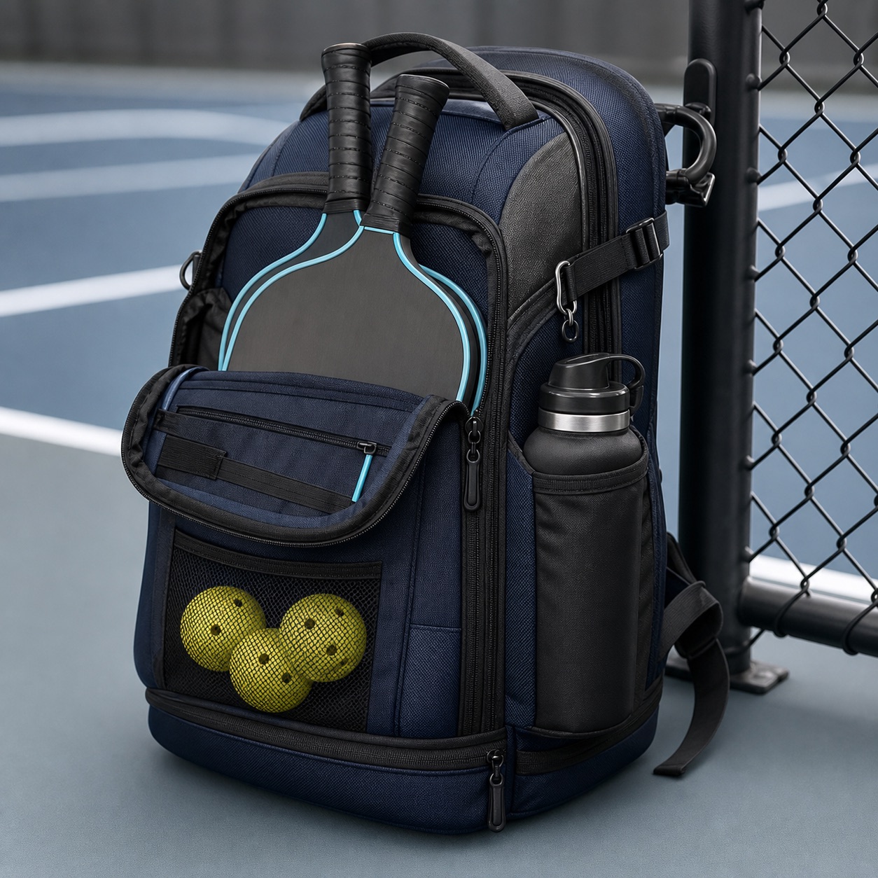 Pickleball backpack holding paddles, balls, and a water bottle