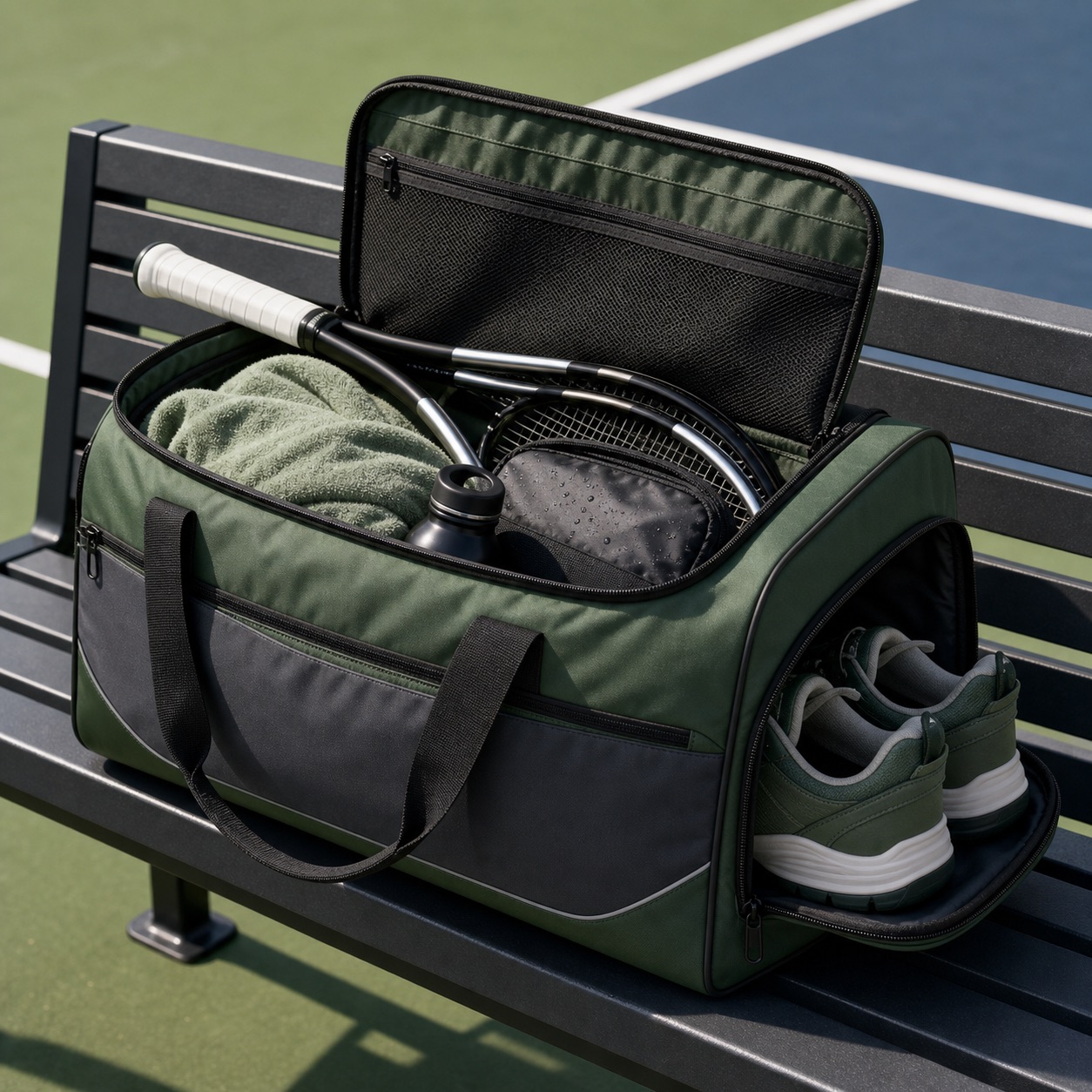 Tournament duffel with racquets, shoes, towel, and bottle organized on a court bench