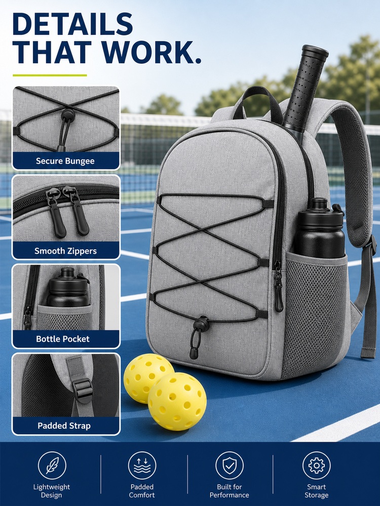 Adjustable Pickleball Racket Backpack - Detail closeups