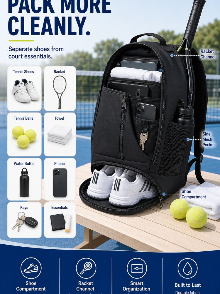 Shoe Compartment Tennis Backpack - Capacity layout