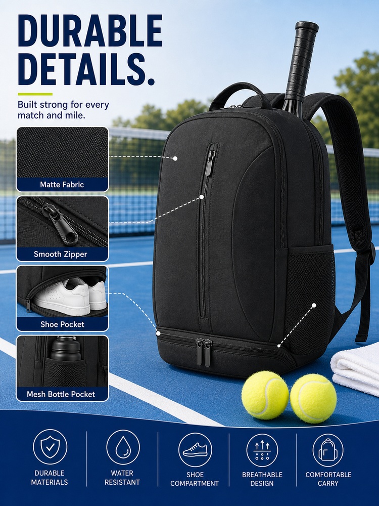 Shoe Compartment Tennis Backpack - Detail closeups