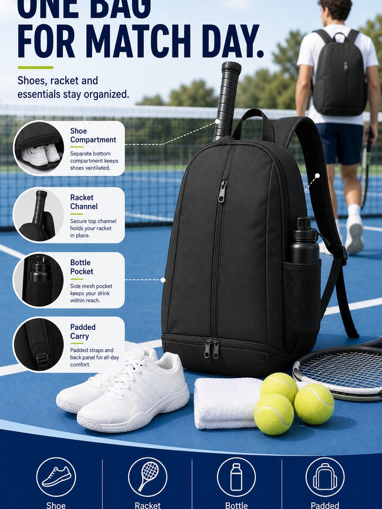 Shoe Compartment Tennis Backpack - Routine summary