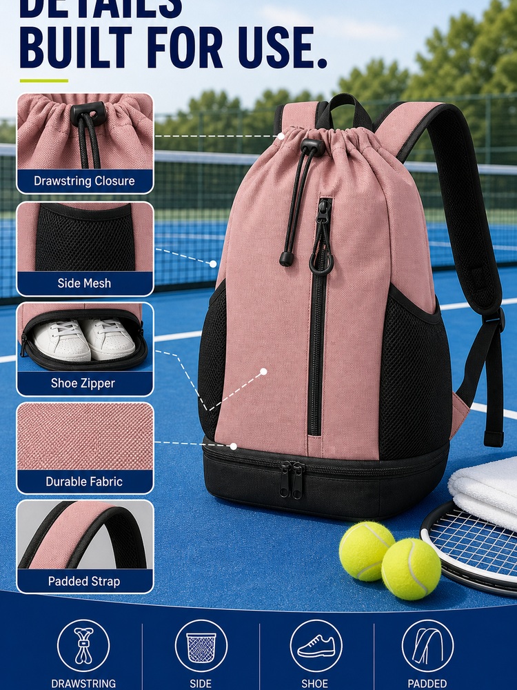 Drawstring Shoe Compartment Backpack - Detail closeups