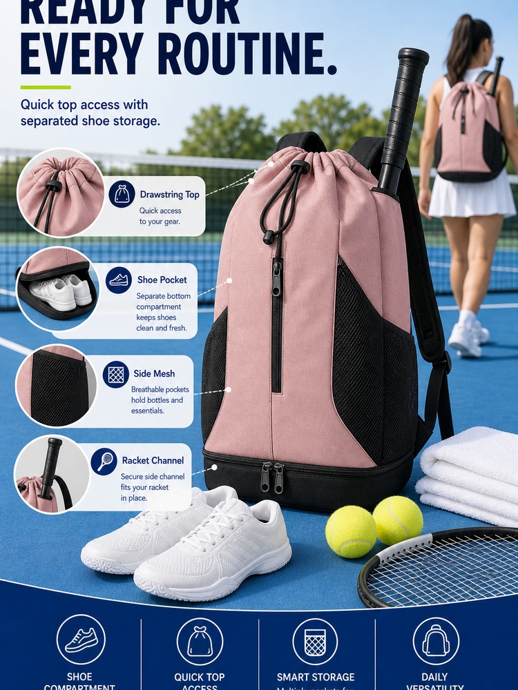 Drawstring Shoe Compartment Backpack - Routine summary