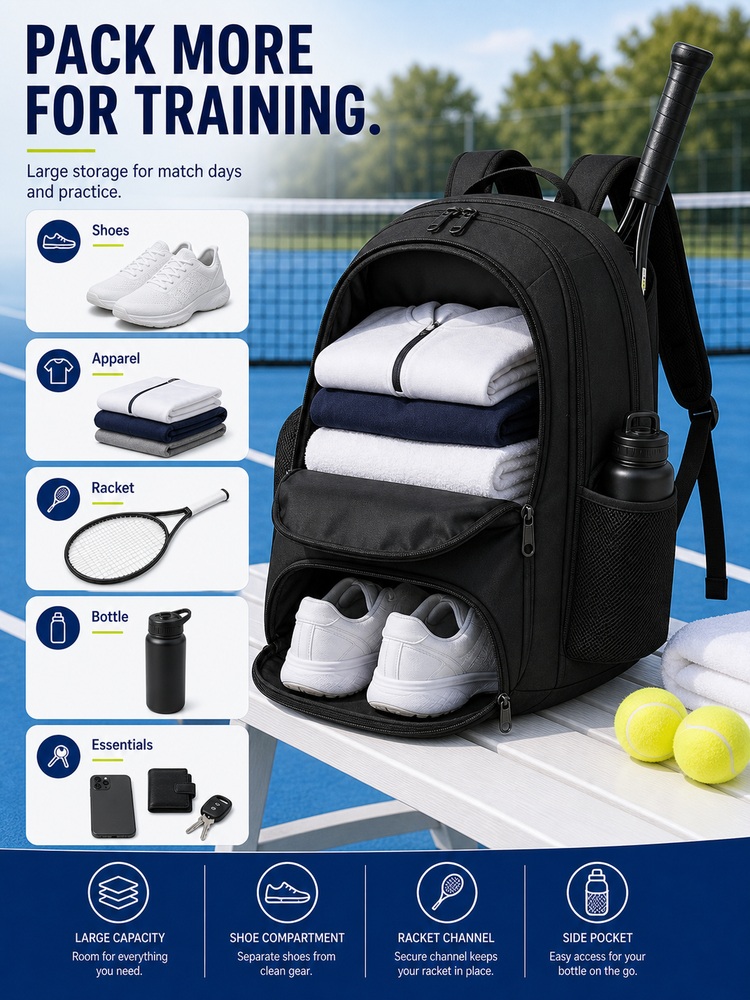 Large Capacity Tennis Sports Backpack - Capacity layout