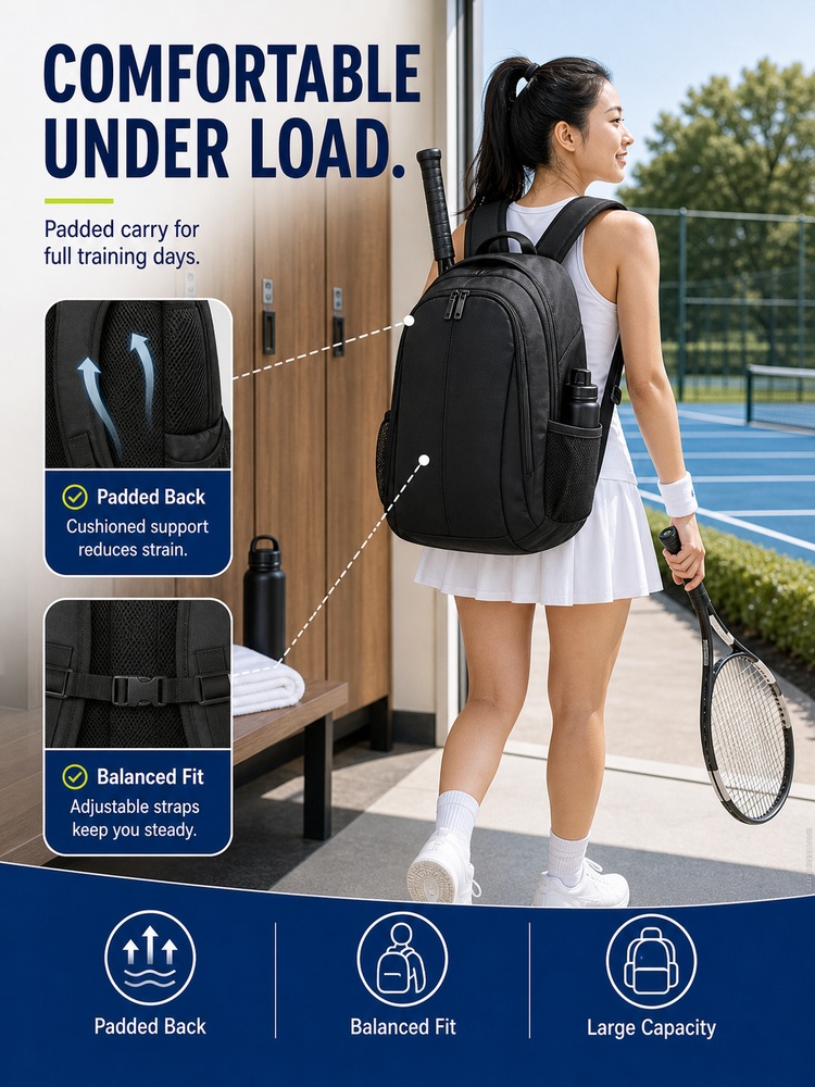 Large Capacity Tennis Sports Backpack - Comfort/use view