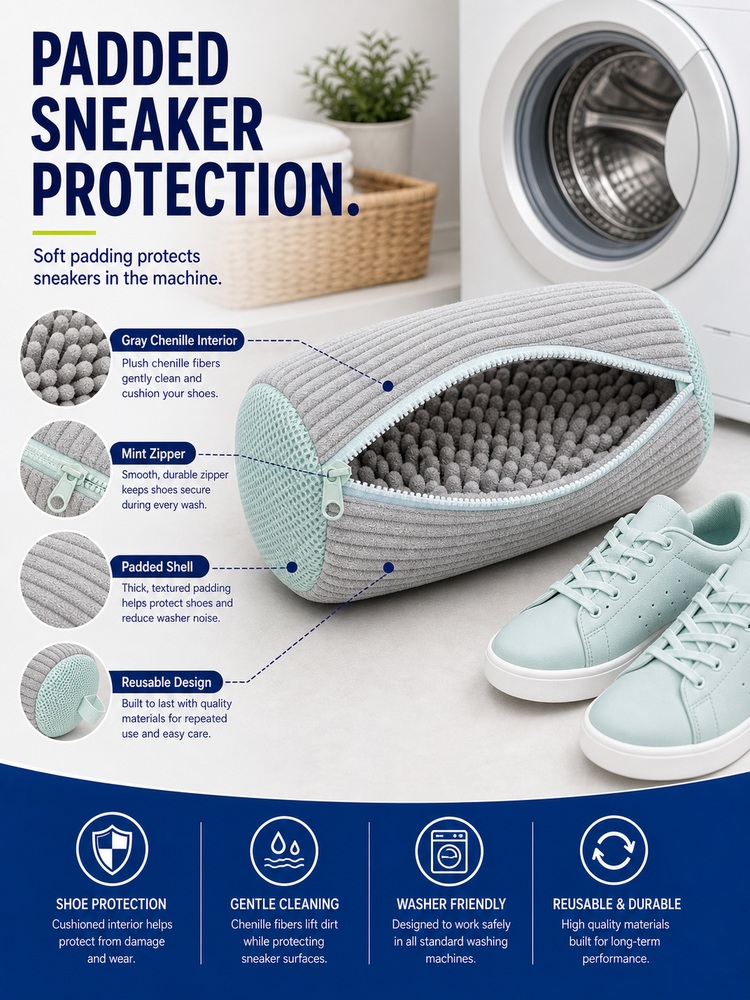 Gray Padded Sneaker Washing Bag - Feature overview